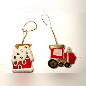 1960’s 2 Stuffed Handmade Felt, sequined and gold bling Train & Cottage